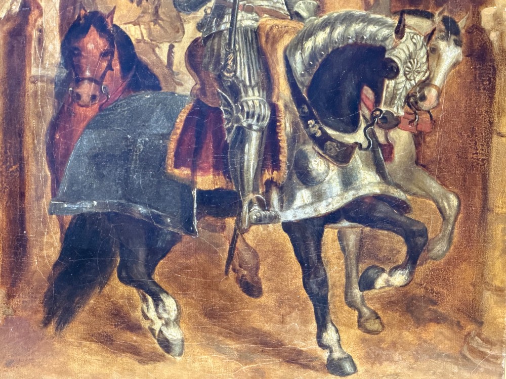 An antique oil painting depicting a knight in full armour riding a horse beneath a stone archway, framed in an ornate gilded wood frame. View V
