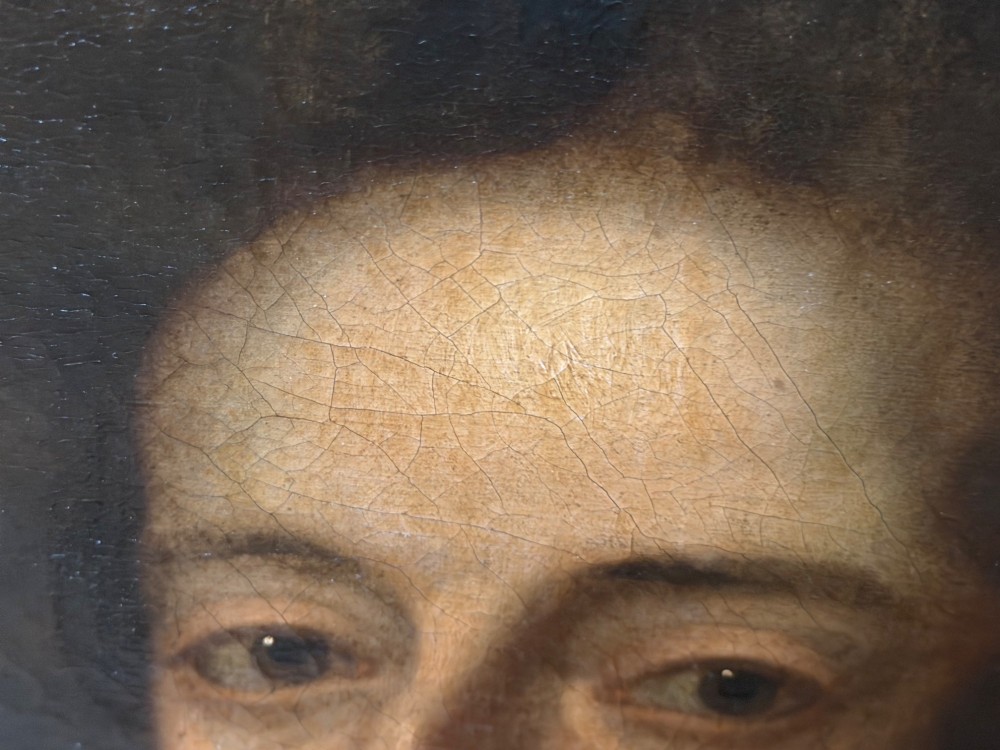 An 18th-century oil painting depicting King William III in a curled wig and ermine cloak, set within an oval aperture inside an ornate rectangular gold carved frame. View VIII