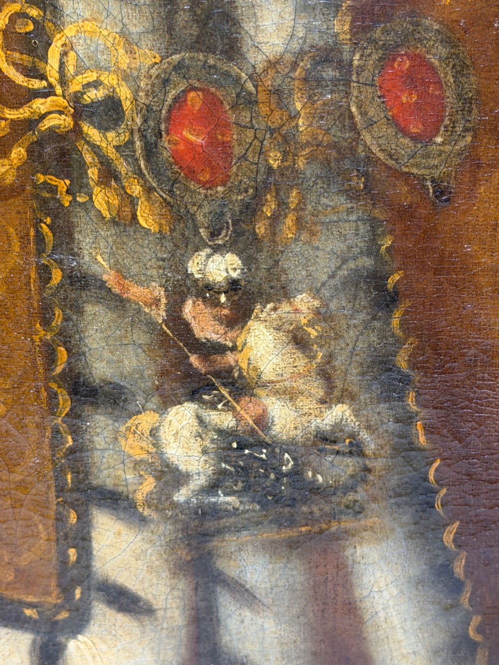 An 18th-century oil painting depicting King William III in a curled wig and ermine cloak, set within an oval aperture inside an ornate rectangular gold carved frame. View X