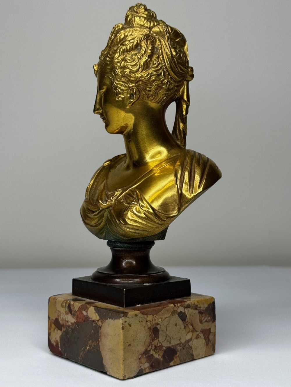 A 19th-century gilt bronze bust portrait of Diana de Poitiers featuring an ornate hairstyle and classical drapery, mounted on a dark socle and square variegated marble base. View III
