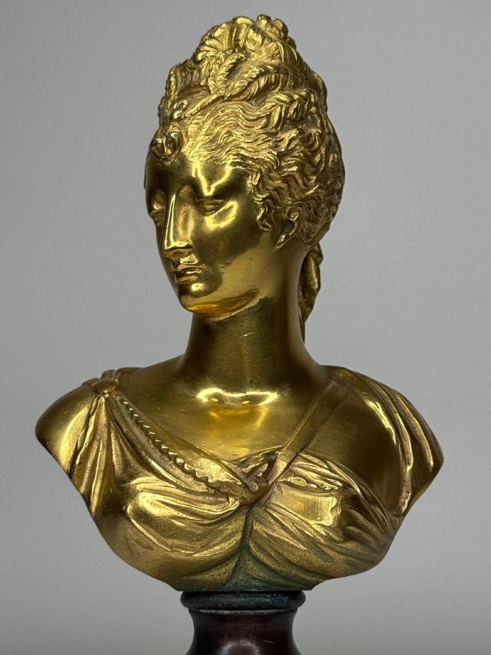 A 19th-century gilt bronze bust portrait of Diana de Poitiers featuring an ornate hairstyle and classical drapery, mounted on a dark socle and square variegated marble base. View V