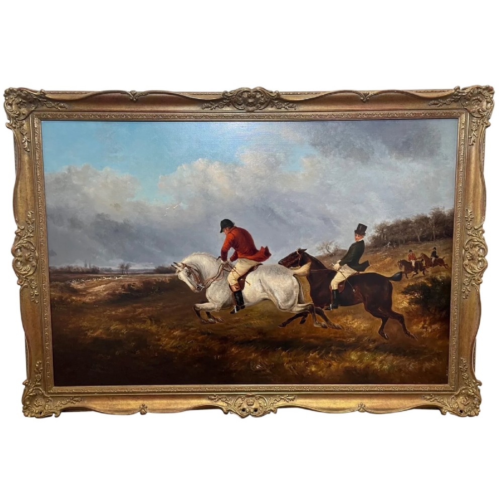 Large Victorian Fox Hunting Grey & Chestnut Horses Galloping Oil Painting By Thomas Smythe