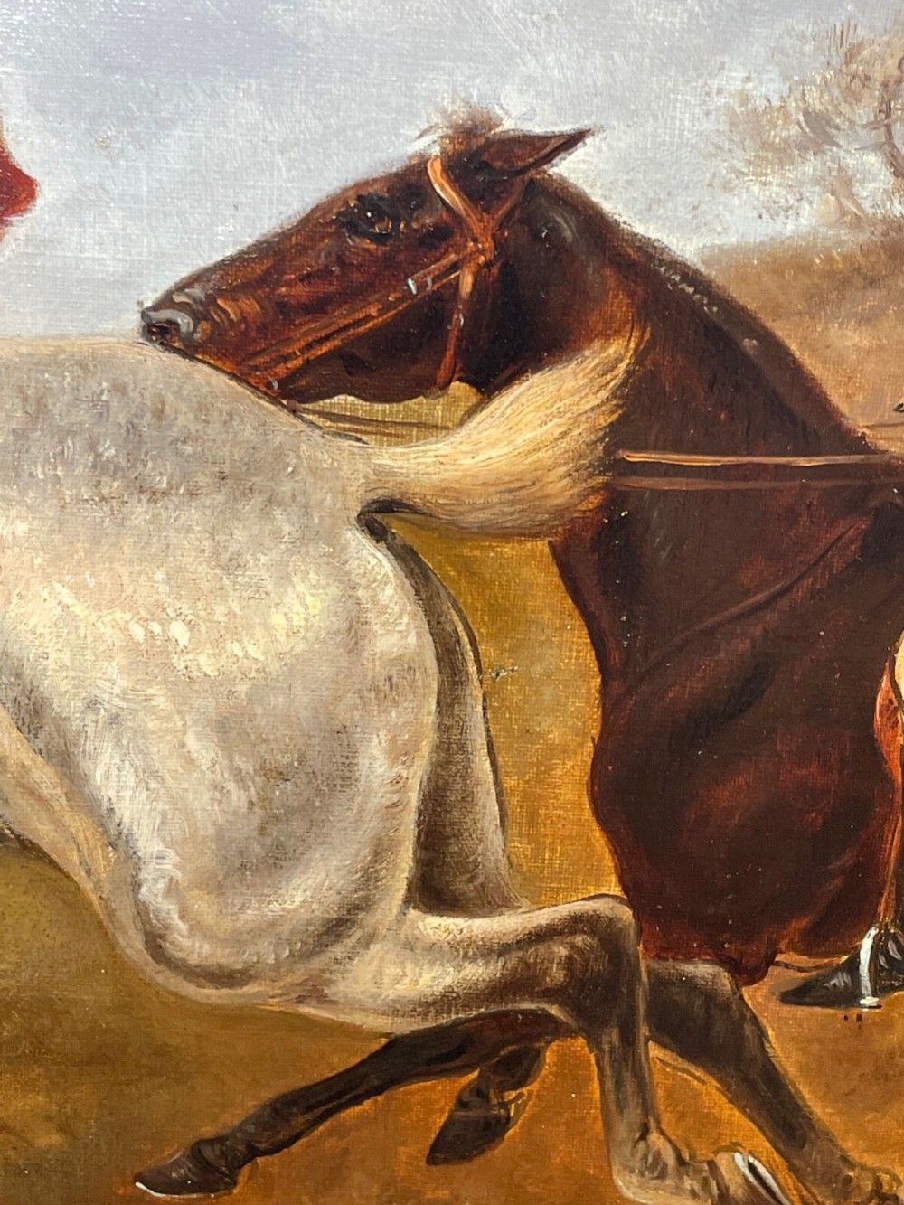 An antique Victorian oil painting depicting horse riders in red hunting coats on grey and bay horses, housed within an ornate gilt frame. View V