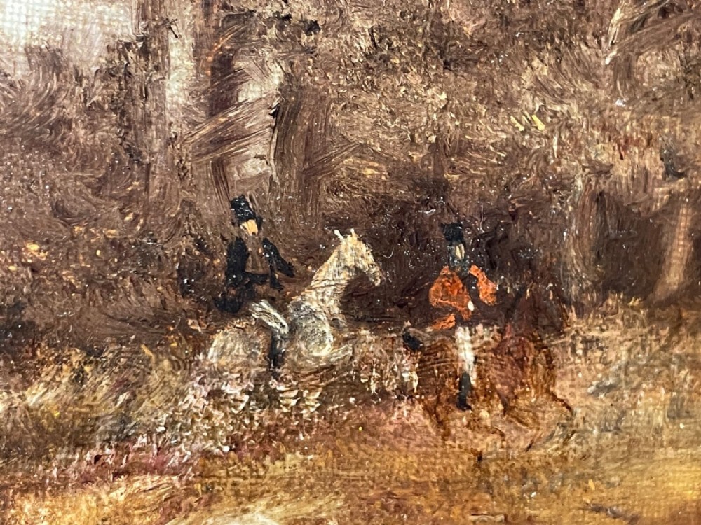 An antique Victorian oil painting depicting horse riders in red hunting coats on grey and bay horses, housed within an ornate gilt frame. View X