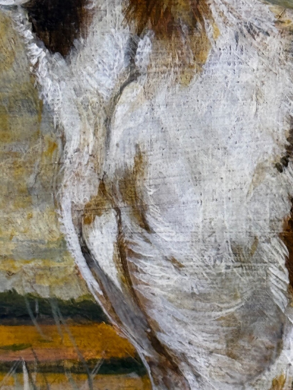 An antique Edwardian oil painting depicting a tan and white lurcher dog in a landscape, set within an ornate gilded frame. View II