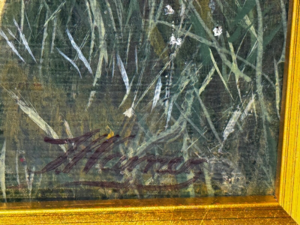 An antique Edwardian oil painting depicting a tan and white lurcher dog in a landscape, set within an ornate gilded frame. View IX