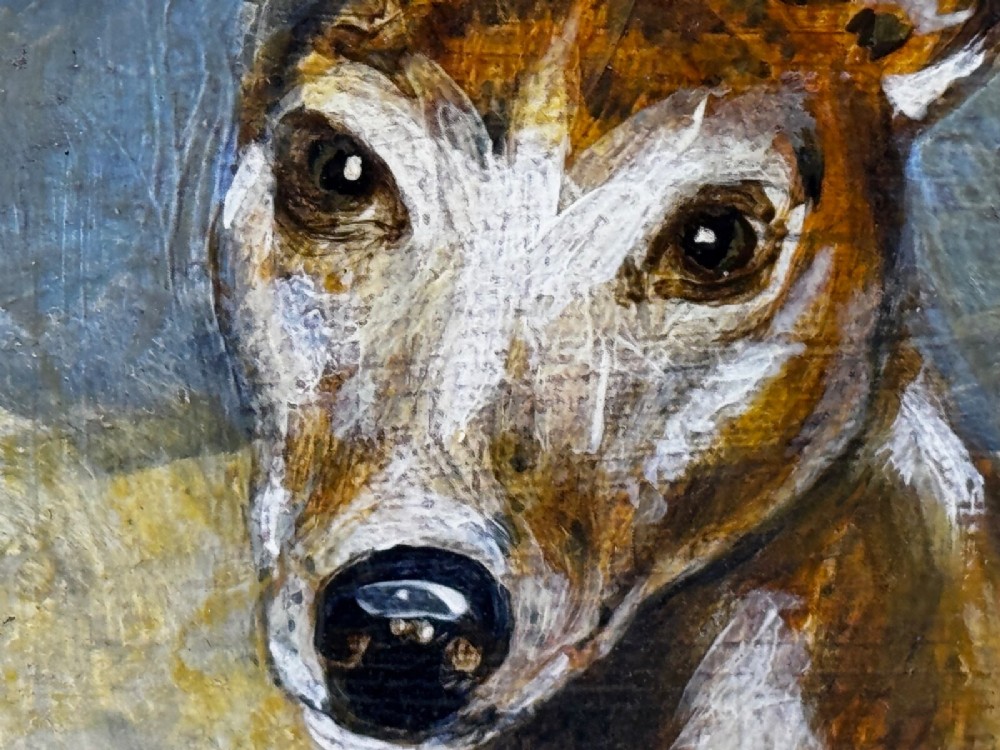 An antique Edwardian oil painting depicting a tan and white lurcher dog in a landscape, set within an ornate gilded frame. View XIII