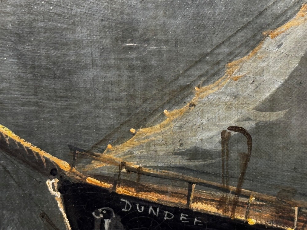A late Victorian oil painting framed in gold depicting a steamship navigating turbulent dark green seas alongside a small rescue boat. View X