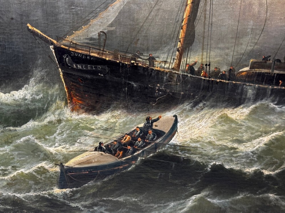 A late Victorian oil painting framed in gold depicting a steamship navigating turbulent dark green seas alongside a small rescue boat. View XIV