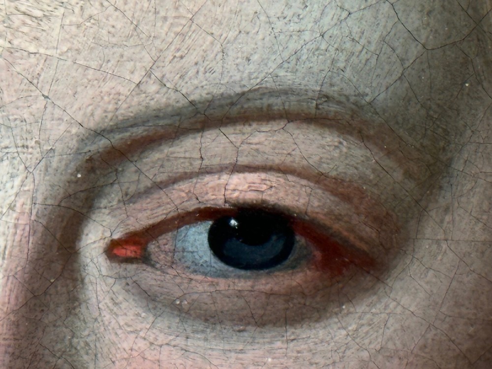 An early 18th-century oil portrait of a young woman wearing a dark gown with slashed sleeves, presented in a square giltwood frame with an oval spandrel. View XIII
