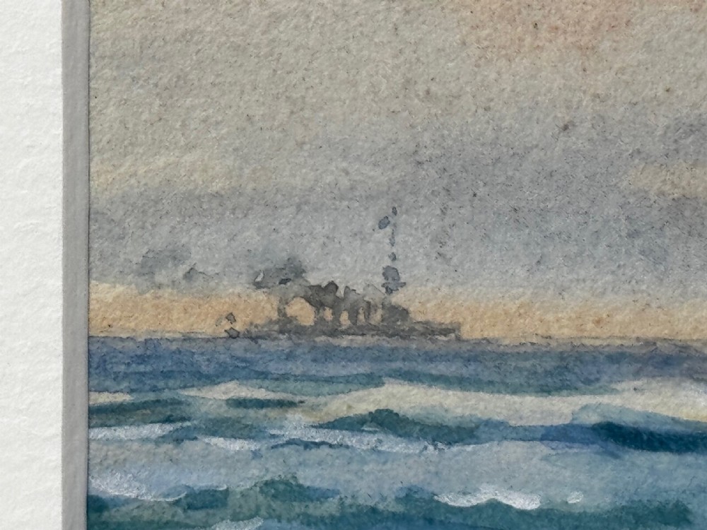 A framed watercolour painting depicting the WW1 battleship HMS London at sea, presented in a wide gold gilt frame with a white mount. View XI