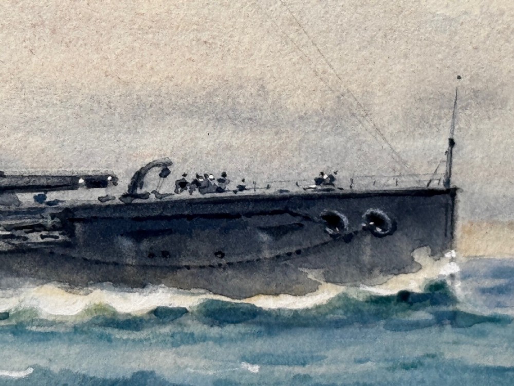 A framed watercolour painting depicting the WW1 battleship HMS London at sea, presented in a wide gold gilt frame with a white mount. View XIII