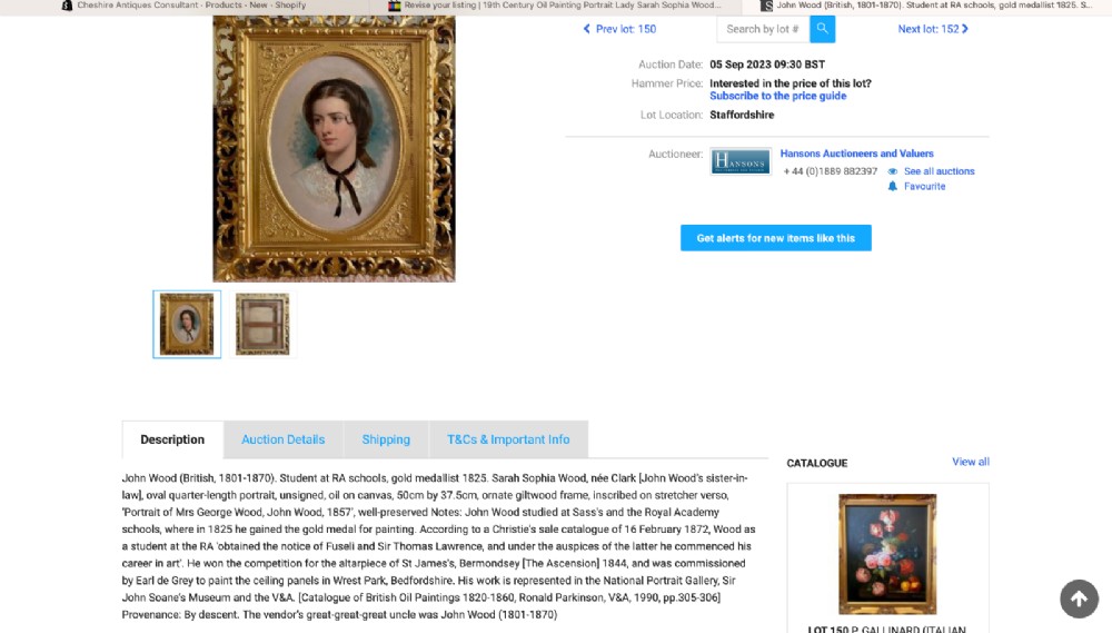 A Victorian oil painting on canvas depicting a young woman with dark hair tied with a black ribbon, displayed within an intricate pierced gold gilt frame with an oval aperture. View VIII