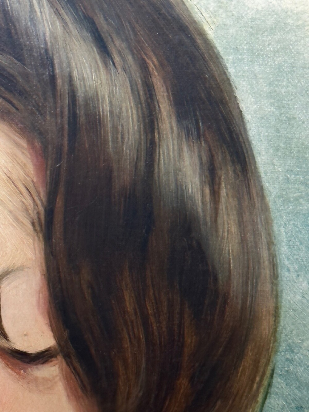A Victorian oil painting on canvas depicting a young woman with dark hair tied with a black ribbon, displayed within an intricate pierced gold gilt frame with an oval aperture. View X