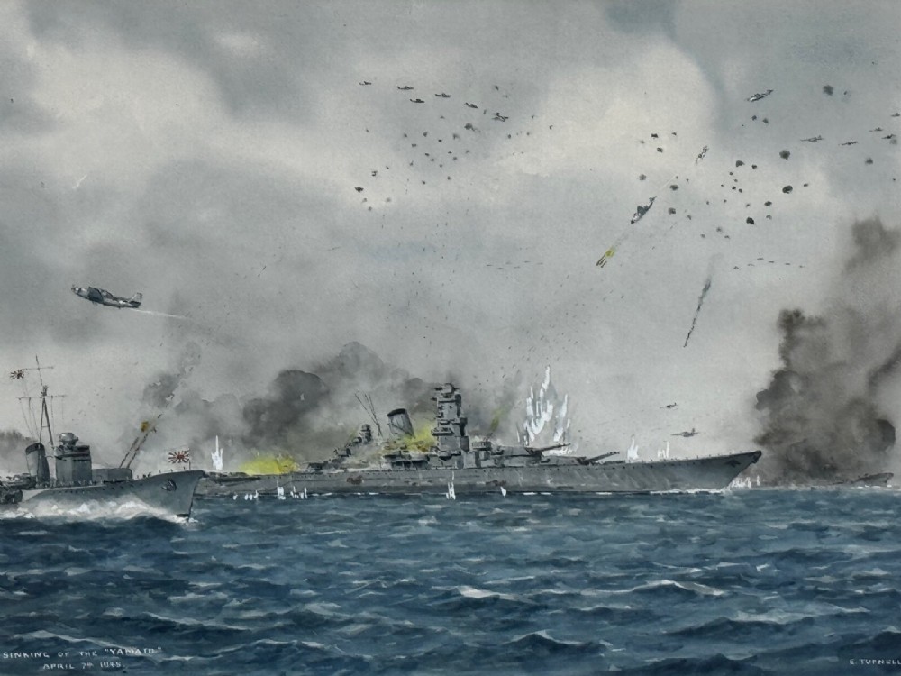 A framed watercolour painting depicting naval warships amidst explosions on stormy blue seas, enclosed in a gilded frame with a light mount. View II