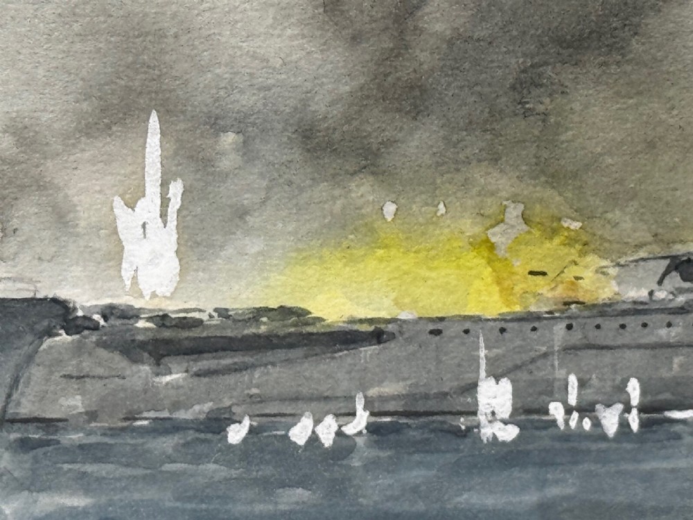 A framed watercolour painting depicting naval warships amidst explosions on stormy blue seas, enclosed in a gilded frame with a light mount. View XII