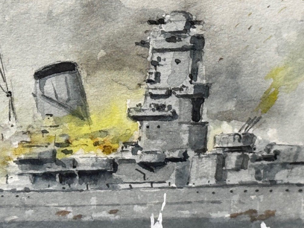A framed watercolour painting depicting naval warships amidst explosions on stormy blue seas, enclosed in a gilded frame with a light mount. View XIII