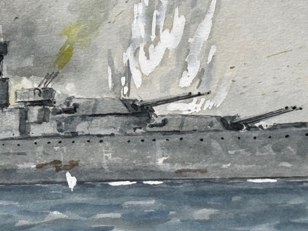 A framed watercolour painting depicting naval warships amidst explosions on stormy blue seas, enclosed in a gilded frame with a light mount. View XIV
