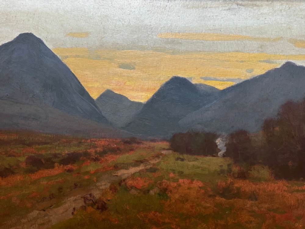 An oil painting on canvas depicting a Scottish mountain landscape under a pale yellow sky, framed in a moulded gold frame with a linen inner slip. View II