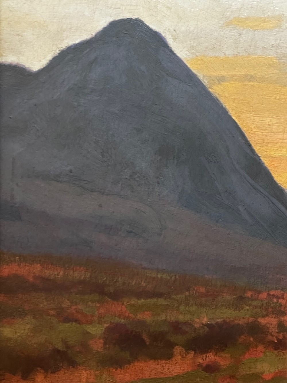 An oil painting on canvas depicting a Scottish mountain landscape under a pale yellow sky, framed in a moulded gold frame with a linen inner slip. View V