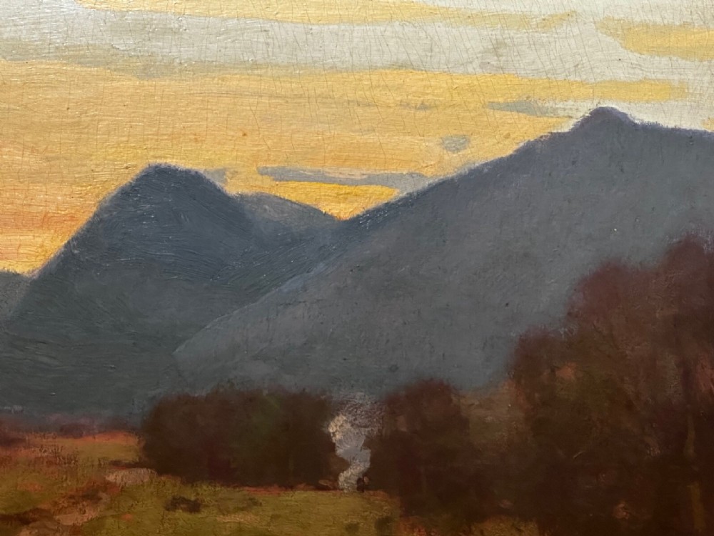 An oil painting on canvas depicting a Scottish mountain landscape under a pale yellow sky, framed in a moulded gold frame with a linen inner slip. View VI