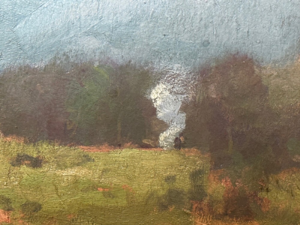 An oil painting on canvas depicting a Scottish mountain landscape under a pale yellow sky, framed in a moulded gold frame with a linen inner slip. View XII