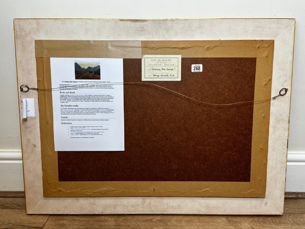 An oil painting on canvas depicting a Scottish mountain landscape under a pale yellow sky, framed in a moulded gold frame with a linen inner slip. View XIII