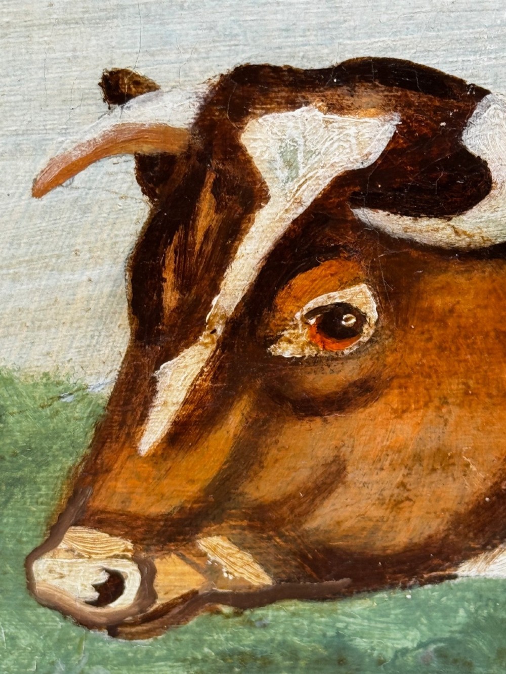 An antique Victorian oil painting depicting a brown and white shorthorn bull in a grassy field within a gilded frame. View X