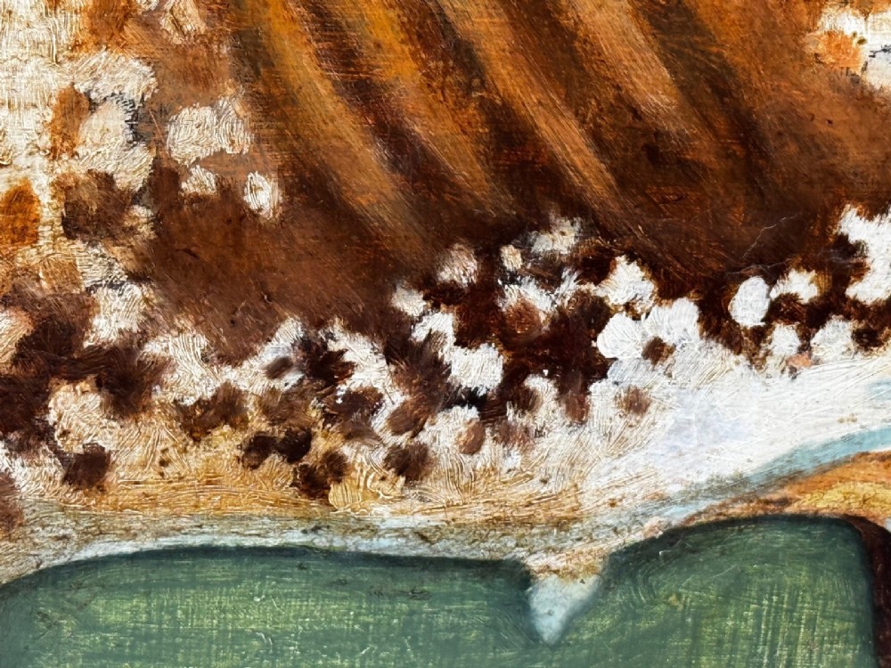 An antique Victorian oil painting depicting a brown and white shorthorn bull in a grassy field within a gilded frame. View XII