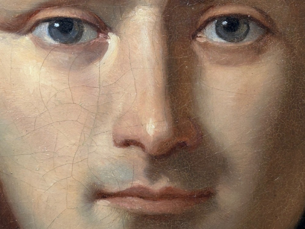A 19th-century oil painting depicting Napoleon I in a military uniform within an oval spandrel and a rectangular gilded frame. View VI