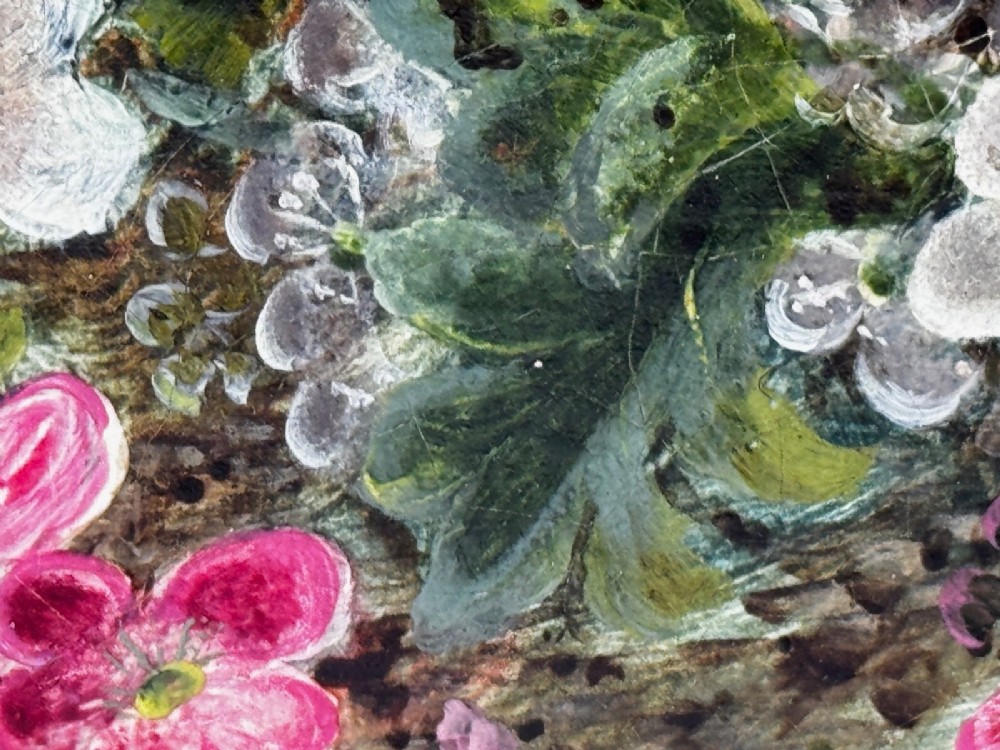 A Victorian oil painting depicting white and pink blossoms alongside a bird nest with three blue eggs, framed in an ornate pierced gold leaf frame. View V
