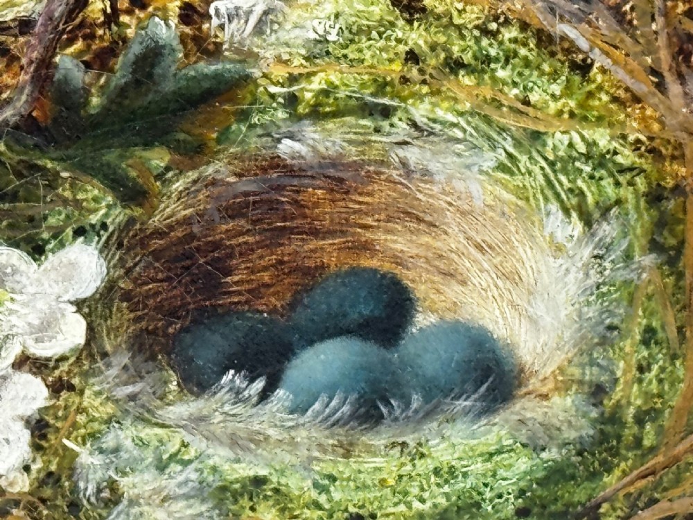 A Victorian oil painting depicting white and pink blossoms alongside a bird nest with three blue eggs, framed in an ornate pierced gold leaf frame. View VIII