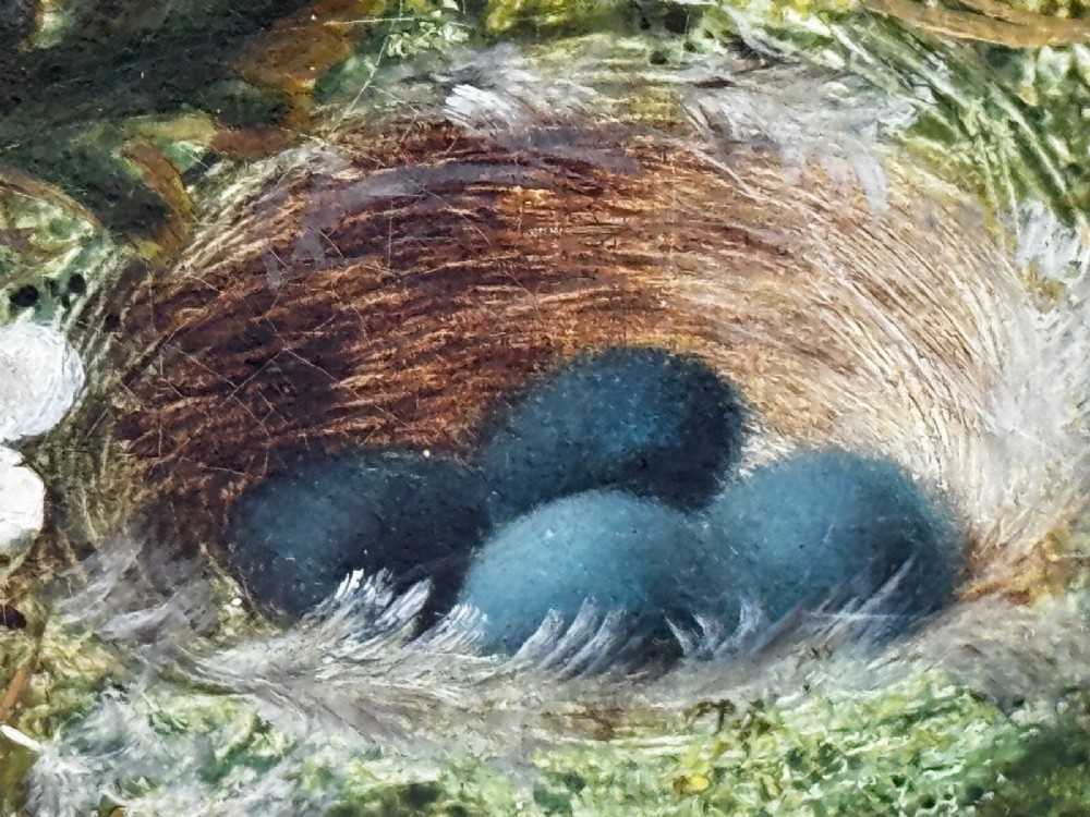 A Victorian oil painting depicting white and pink blossoms alongside a bird nest with three blue eggs, framed in an ornate pierced gold leaf frame. View XIV