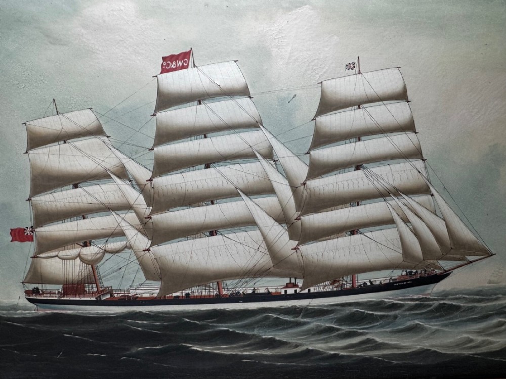 A framed oil painting depicting a three-masted sailing ship navigating dark blue seas under a cloudy sky within a gold gilt frame. View III