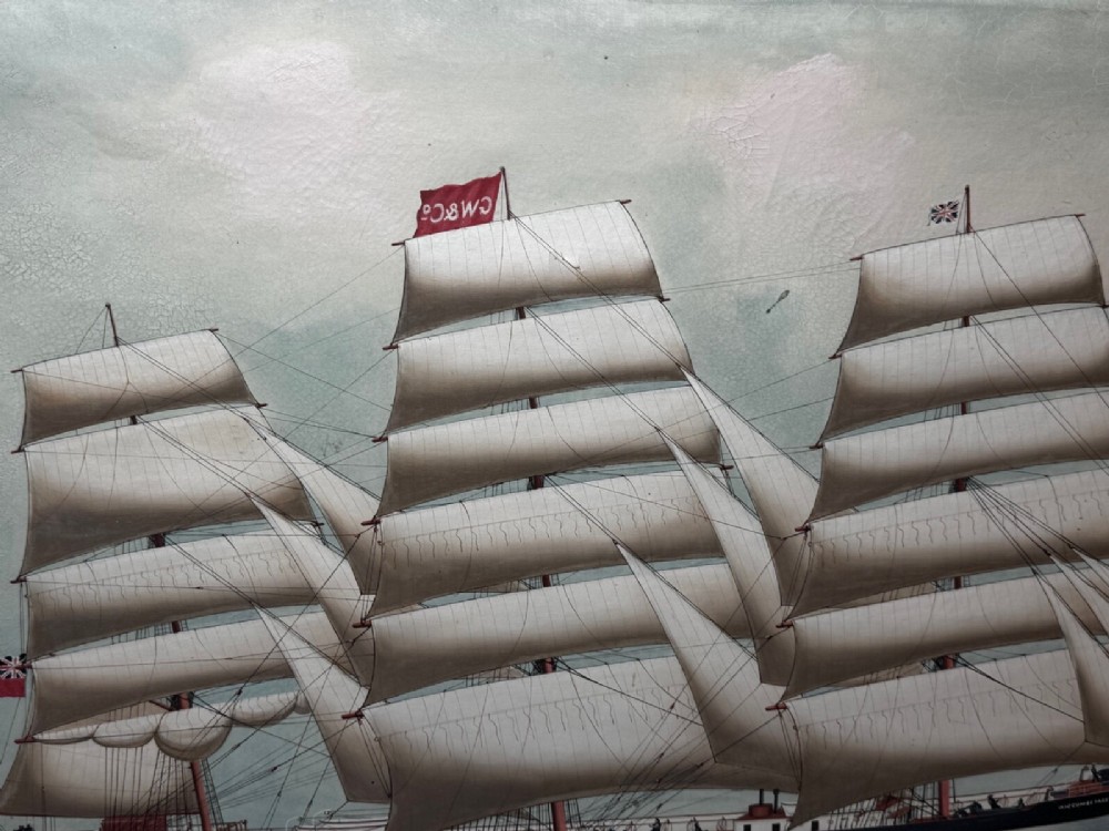 A framed oil painting depicting a three-masted sailing ship navigating dark blue seas under a cloudy sky within a gold gilt frame. View VIII