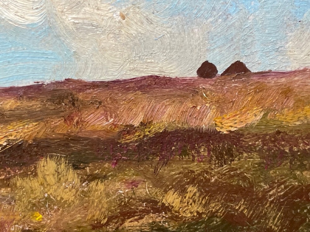 An oil painting depicting an open Exmoor moorland with purple heather under a blue sky, set within a wide gilded wooden frame. View IV