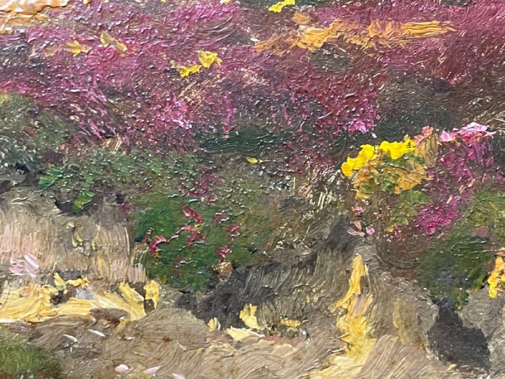 An oil painting depicting an open Exmoor moorland with purple heather under a blue sky, set within a wide gilded wooden frame. View VIII