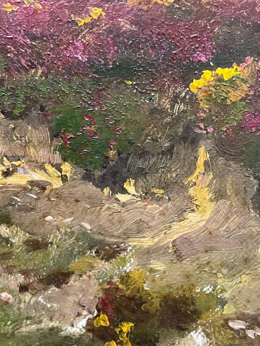 An oil painting depicting an open Exmoor moorland with purple heather under a blue sky, set within a wide gilded wooden frame. View XIII