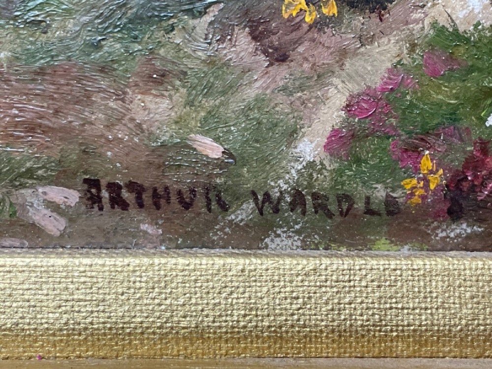 An oil painting depicting an open Exmoor moorland with purple heather under a blue sky, set within a wide gilded wooden frame. View XIV
