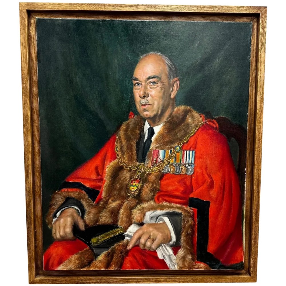 A mid-century framed oil painting on canvas depicting a seated gentleman wearing red mayoral robes, fur trim, and a gold chain against a dark green background.