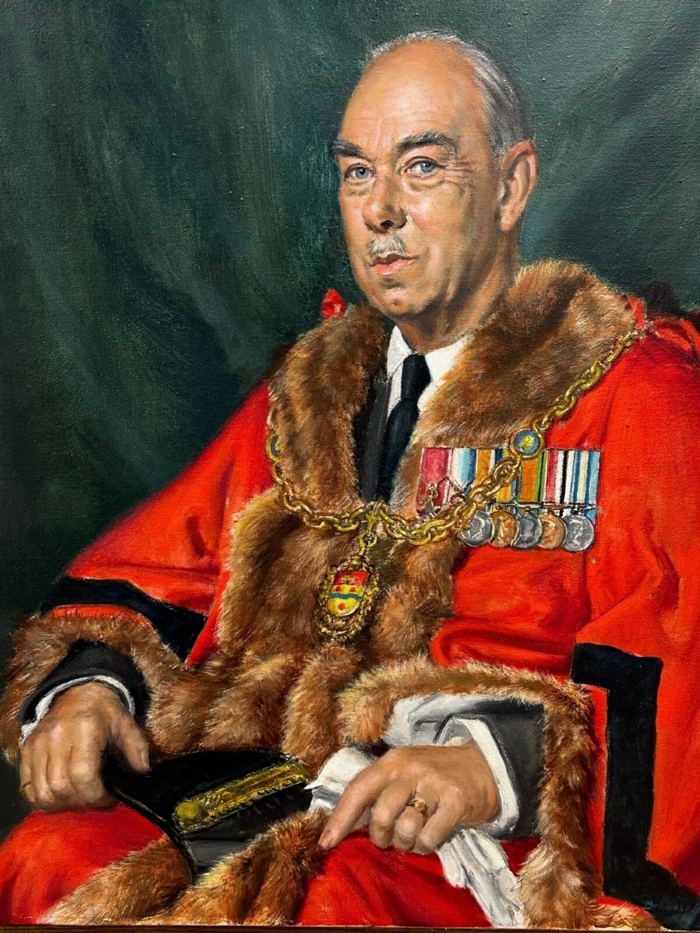 A mid-century framed oil painting on canvas depicting a seated gentleman wearing red mayoral robes, fur trim, and a gold chain against a dark green background. View III