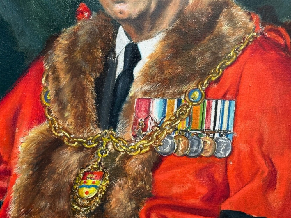 A mid-century framed oil painting on canvas depicting a seated gentleman wearing red mayoral robes, fur trim, and a gold chain against a dark green background. View IX