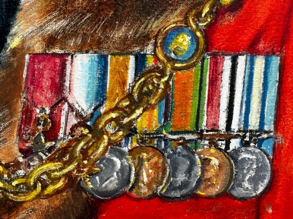 A mid-century framed oil painting on canvas depicting a seated gentleman wearing red mayoral robes, fur trim, and a gold chain against a dark green background. View XII