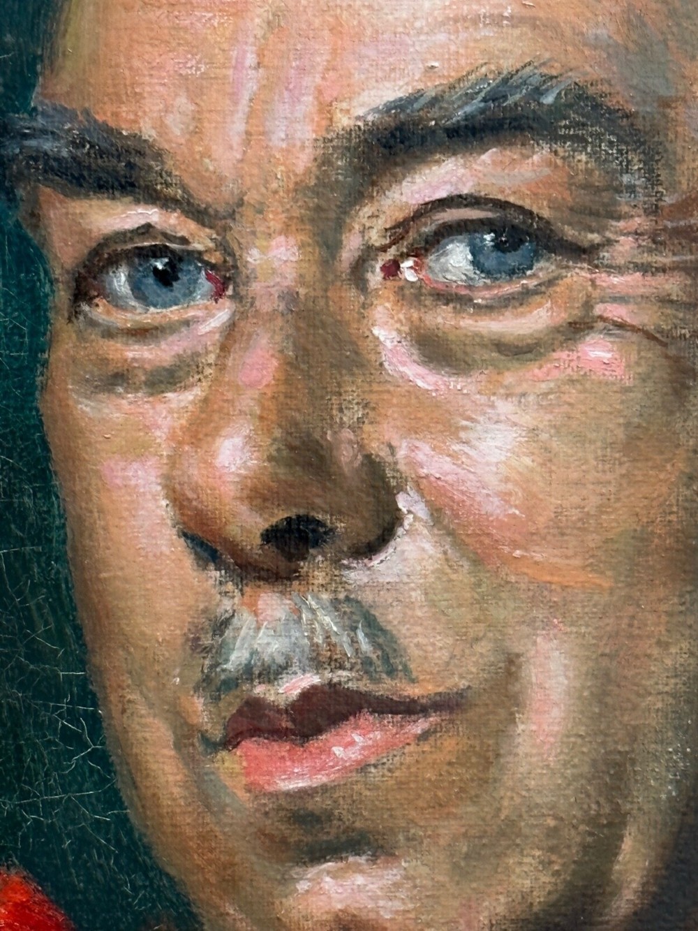 A mid-century framed oil painting on canvas depicting a seated gentleman wearing red mayoral robes, fur trim, and a gold chain against a dark green background. View XIV
