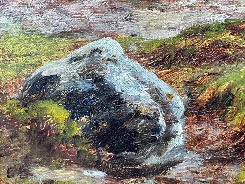 A Victorian oil painting depicting the mountain peak of Sgurr nan Gillean in Skye, housed in a wide ornate gold gilt frame. View VII