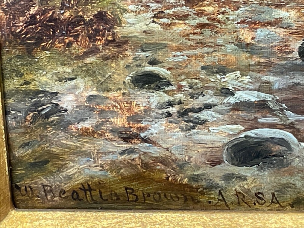 A Victorian oil painting depicting the mountain peak of Sgurr nan Gillean in Skye, housed in a wide ornate gold gilt frame. View XII