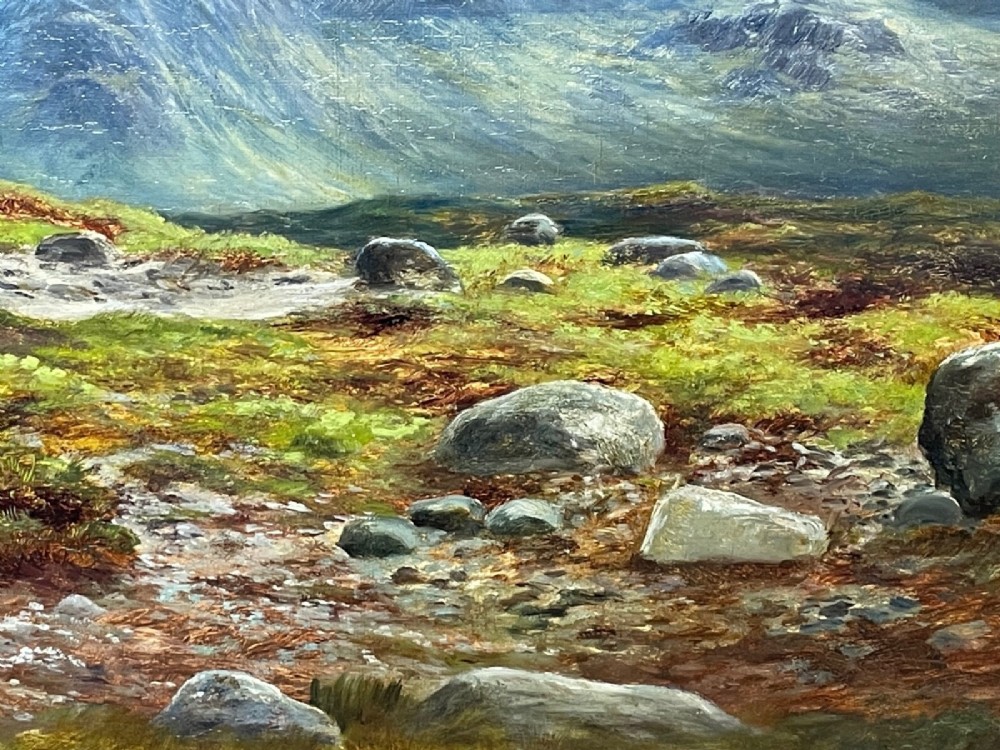 A Victorian oil painting depicting the mountain peak of Sgurr nan Gillean in Skye, housed in a wide ornate gold gilt frame. View XV