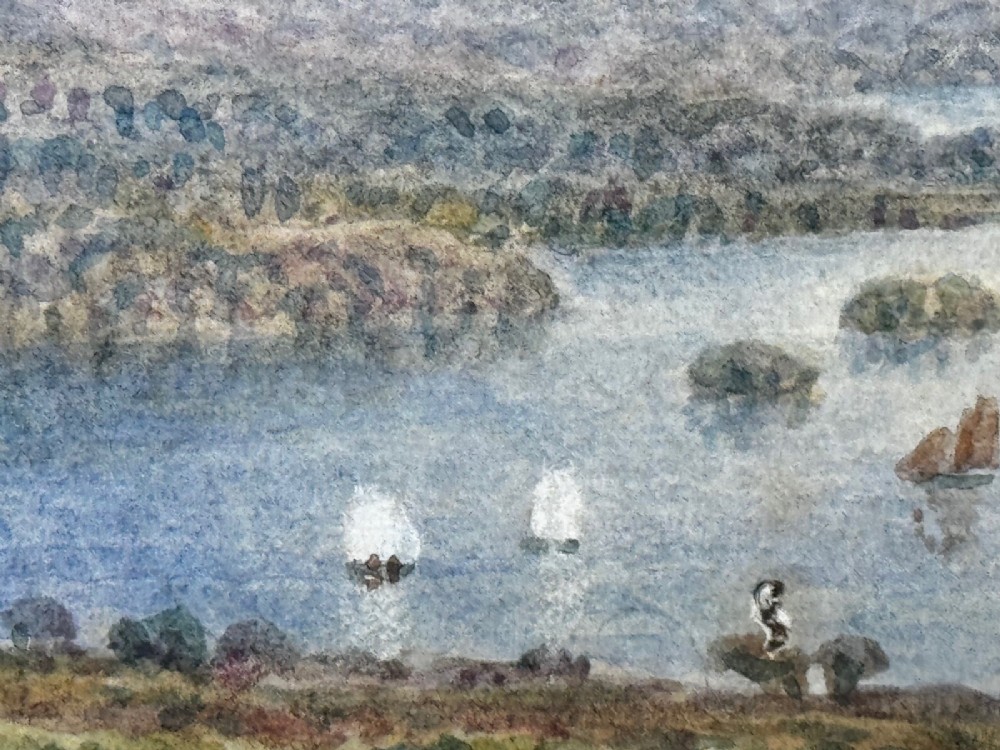 An antique Edwardian watercolour painting depicting Lake Windermere with distant hills, trees, and small boats, framed in gilt with a cream mount. View XIV