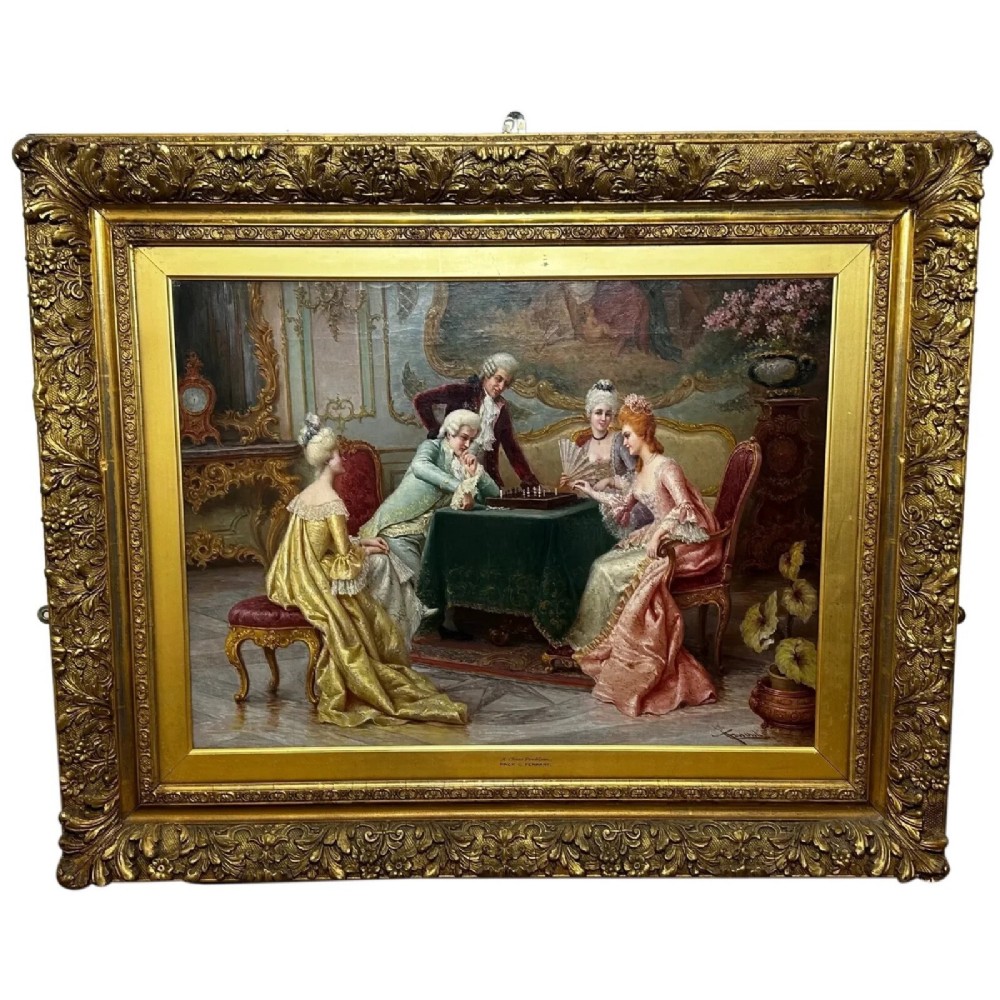 An 19th-century framed oil painting depicting figures in period attire gathered around a table engaged in a game of chess.