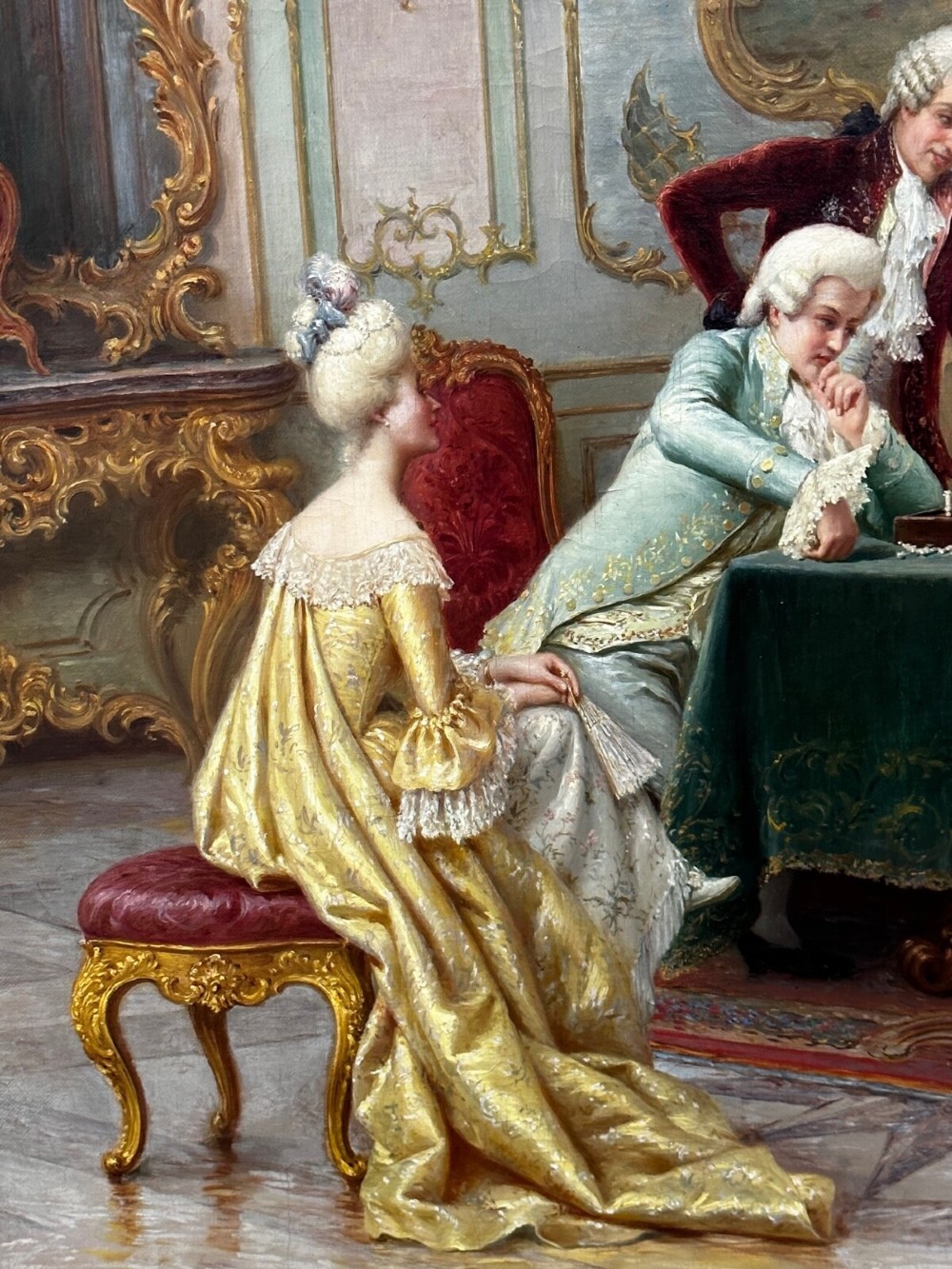 An 19th-century framed oil painting depicting figures in period attire gathered around a table engaged in a game of chess. View VIII
